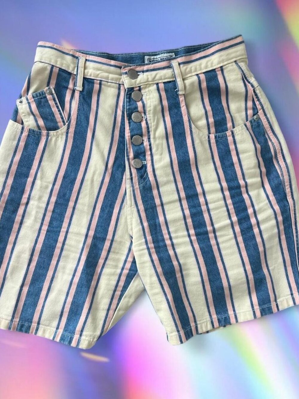 Vintage Blue Pink Striped Denim Jean Shorts Size S